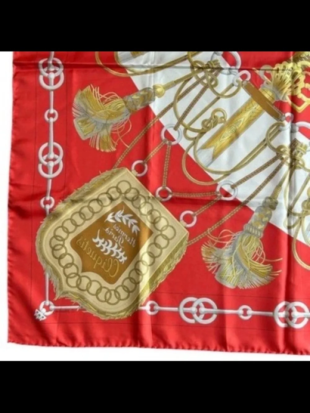 Hermes Red White and Gold Equestrian Print Silk Scarf